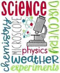Playful microscope surrounded by vibrant science words, featuring colorful lettering in red, green, and blue.
