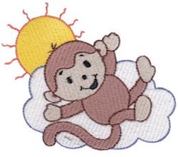Playful monkey lounging on a fluffy cloud, bright sun in background, cartoon style, perfect for kids' decor.