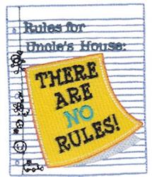 Playful note on yellow paper displaying 'THERE ARE NO RULES!' with vibrant blue text on lined background.