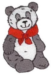 Cute panda bear with gray and white fur, cheerful black eyes, and a cozy red scarf. Ideal for kids.