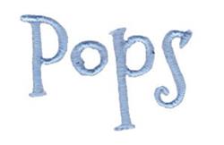 The word 'Pops' in light blue thread features playful, curvy letters on a white background.