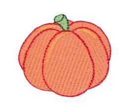 Applique cartoonish pumpkin in bright orange with a green stem and bold red outlines, perfect for fall.