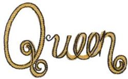 Elegant text 'Queen' in cursive with golden curls and loops, showcasing luxury in machine embroidery design.