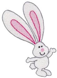 Cheerful cartoon rabbit with oversized pink ears, waving arm, perfect for Easter decor.