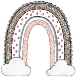Cheerful rainbow with soft pink, gray, and white arcs above fluffy clouds, perfect for kids' projects.