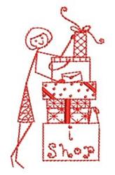 Redwork stick figure playfully stacking colorful holiday gifts adorned with bows and ribbons.