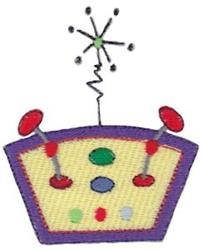 Whimsical robot control panel in vibrant yellow with purple edges, featuring colorful buttons and playful antenna.