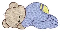 Playful sleeping bear in blue pajamas, soft pastels, perfect for children's bedding and decor.
