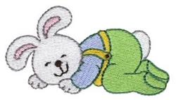 Cute sleeping bunny with pink inner ears, wearing blue and green clothes, perfect for Easter decor.
