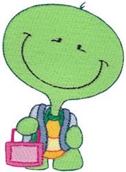 Cheerful smiling turtle in cartoon style, holding a pink bag and wearing a backpack. A playful design for kids.