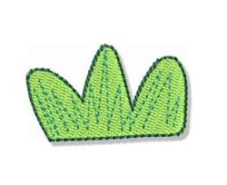 Stylized grass element with playful textures in varying green shades, outlined in dark green stitching.