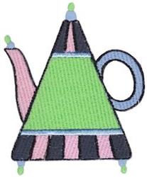 Triangular teapot in vibrant green with a pink spout, enhanced by whimsical pastel accents, perfect for colorful decor.