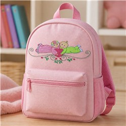 Pink backpack featuring playful cartoon embroidery of two bears on a scroll, with soft fabric and zippers.