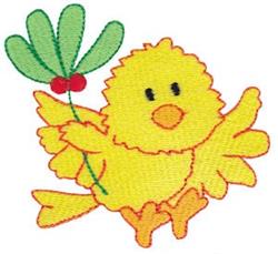 Playful yellow chick with outstretched wings, holding a green leaf and red berries, perfect for Easter.