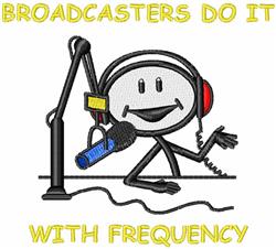 Cartoon character with headphones, microphone, and cheerful expression. Yellow text reads 'BROADCASTERS DO IT WITH FREQUENCY'