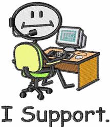 Cartoon character sitting at a desk with a computer, smiling, in a bright green chair, playful design.