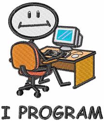 Cartoonish smiley face sitting at a colorful desk with a computer, 'I PROGRAM' text below, playful design.