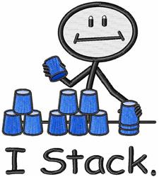 Cheerful stick figure stacking blue cups, with 'I Stack.' text below in a fun font, playful and cartoonish design.