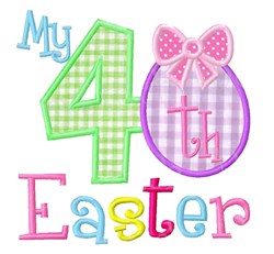 Applique Easter egg with 'My 40th Easter' in green gingham and pink outline, decorated with a pink bow.