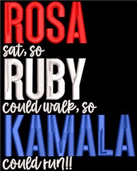 Bold typography design featuring 'ROSA' in red, 'KAMALA' in blue, and 'RUBY' in white on a black background.