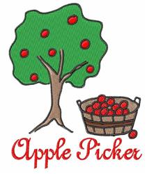 Playful tree with red apples and brown basket in fall colors, featuring the text 'Apple Picker' below.