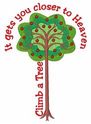 Colorful applique tree with a brown trunk, lush green leaves, and red apples, surrounded by playful curved text.