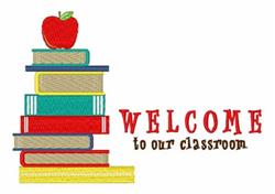 Colorful back to school stack of books with a red apple on top and 'WELCOME to our classroom' text.