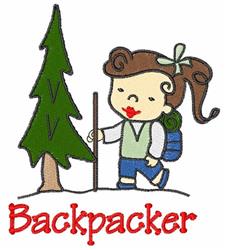 Cartoonish female backpacker with a blue backpack and hiking stick, beside a green tree. 'Backpacker' text in bright red.