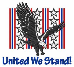 Patriotic bald eagle soaring with outstretched wings among red and blue stripes and white stars, featuring 'United We Stand!'
