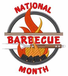 Vibrant barbecue-themed applique design featuring orange flames, red 'NATIONAL BARBECUE MONTH' text, and a black ring.