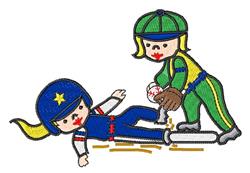 Children playing baseball in a cartoonish style, one in blue uniform on the ground, the other in green catcher gear. Bright c