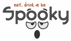 Playful text 'eat, drink & be spooky' with cartoonish eyes and a pumpkin, perfect for Halloween decor.