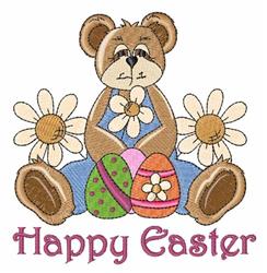Cartoon bear in blue overalls with a sad expression, surrounded by colorful Easter eggs and daisies, perfect for kids.