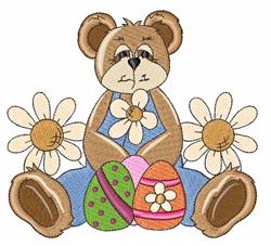 Cute bear surrounded by large flowers and colorful Easter eggs, perfect for festive children's decor.