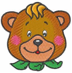 Cheerful bear face with rosy cheeks and a green scarf, perfect for children’s apparel.