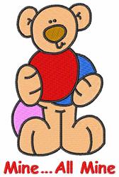 Playful bear in applique design, holding colorful circles, with a friendly smile and red stitched text 'Mine... All Mine'.