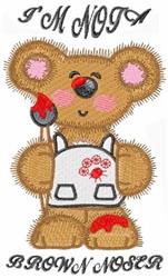 Whimsical bear character in a white apron holding a paintbrush, accented with pink, perfect for playful embroidery.