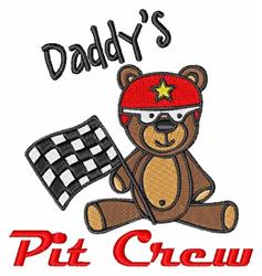 Cartoon bear wearing a red helmet with a star, holding a checkered flag, with 'Daddy's Pit Crew' text below.