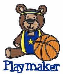 Playful bear in sporty blue and yellow jersey holds a basketball, with 'Playmaker' text stitched below.