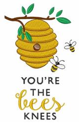 Playful bee hive design with golden tones, buzzing bees, and vibrant green leaves for spring.