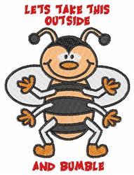 Playful cartoon bee with black and yellow stripes, wide wings, and bold text for springtime cheer.