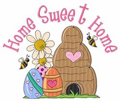 A beehive with a heart shape surrounded by colorful flowers and Easter eggs, featuring 'Home Sweet Home' text.