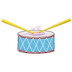 Playful blue drum with a white top and red accents, topped with bright yellow drumsticks.