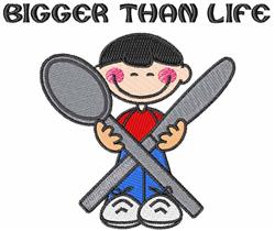 Cartoon boy in a red shirt joyfully holds a spoon and fork crossed, with playful rosy cheeks.