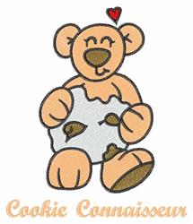 Cheerful cartoon bear holding a cookie with chocolate chips and a small red heart above, playful design.