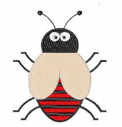 Playful bug character with a black head, large white eyes, and red-striped body, designed for whimsical embroidery.