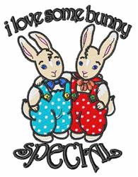 Two cartoon bunnies in colorful overalls, one blue polka-dotted and one red, with cheerful text above, perfect for Easter.