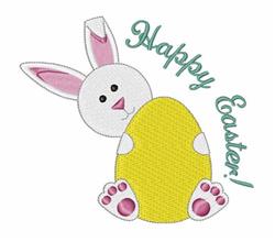 Cartoon bunny with pink accents peeking behind a bright yellow egg, with 'Happy Easter!' text above. Perfect for Easter.