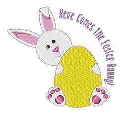 Playful bunny peeking from behind a bright yellow Easter egg with cheerful text, perfect for festive decorations.