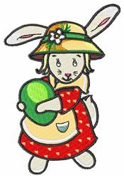 Cute bunny in a red dress and a green hat, holding a light green Easter egg, perfect for spring decor.